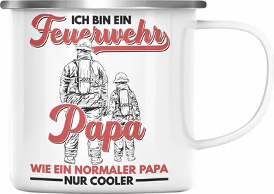 Produktbild von Trendation - Feuerwehr Papa Emaille Tasse Geschenke Zubehör Lustig Einsatz Geburtstag Spruch Vatertag Feuerwehrmann Geschenkidee (Silber)
