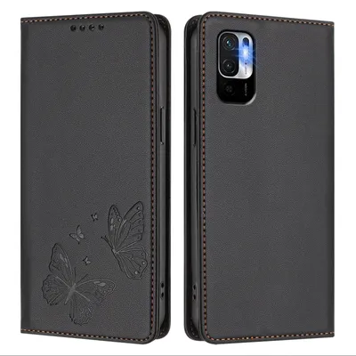 Produktbild von Lederhülle für Xiaomi Poco M3 Pro/ Redmi Note 10 5G, Schmetterling Prägung Leder Brieftasche Schutzhülle mit Ständer Schwarz