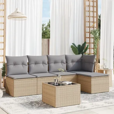 Produktbild von Design 6-tlg. Garten-Sofagarnitur mit Kissen Beige Poly Rattan, Gartenmöbel-Sets 2024 Neu