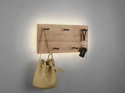 Produktbild von Metall Holz Wandgarderobe Hackenleiste mit LED Beleuchtung für Eingangsbereich