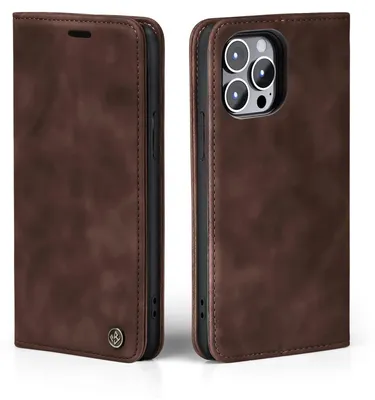 A brown flip case for an iPhone 14 Pro Max is shown from two angles.