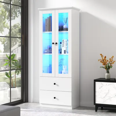 Produktbild von okwish Vitrine，Sideboard，Highboard，Beistellschrank，Aufbewahrungsschrank mit Flügeltüren，mit 16-Farben-Fernbedienung&USB-Anschluss&verstellbaren Fachböden，Weiß