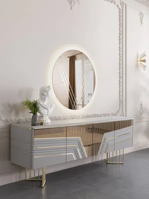 Produktbild von Moderner Silber Sideboard Rundspiegel LED Beleuchtung Designer 2tlg Set
