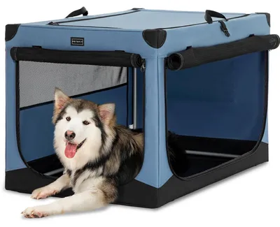 Image de Cage de transport pliable pour chien, idéale pour la maison et la voiture, revêtement en tissu réglable, dimensions : 100 x 64 x 63 cm, couleur : bleu