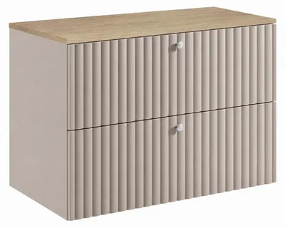 Produktbild von Badezimmer-Hängeschrank mit Platte 80, Kaschmir + Platte helle Eiche, Griffe in drei Farben, 80 x 44,4 x 58,6 cm, KI-generiertes Bild