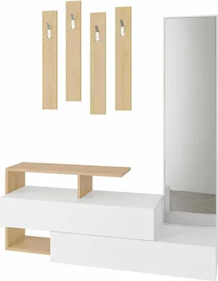 Produktbild von Eingangsmöbel Dmartne, Moderner Eingang, Wandgarderobe, Multifunktions-Aufbewahrungskonsole, 137x35h55 cm, Weiß und Eiche