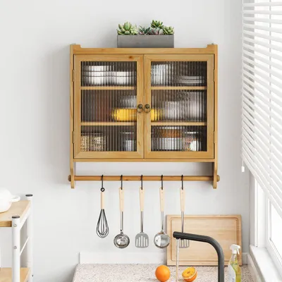 Immagine prodotto di Armadio a muro vintage da 63 cm con ante in vetro e portasciugamani, mobile sospeso doppio per bagno o cucina, colore naturale