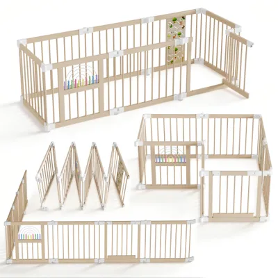 Immagine prodotto di Recinto per bambini in legno QEENTOE, passeggino pieghevole con porta, 8 elementi modulari e personalizzabili, recinto per gattonare e protezione per bambini piccoli, area di gioco mobile senza tappetino
