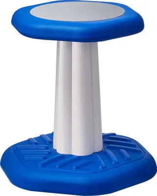 A close-up studio shot of a blue and white stool.