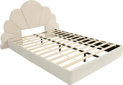 Produktbild von STILVORA 140×200 Polsterbett mit Bettkopf in geschwungenen Blütenblättern,Doppelbett mit Lattenrost,Bettgestell mit Anti-Rutsch-Design,Samt,ohne Matratze,Beige