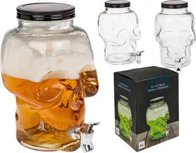 Produktbild von Totenkopf aus Glas mit Deckel 4 L Getränkespender mit Zapfhahn