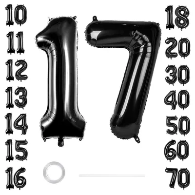 Zdjęcie produktu dla Balon foliowy XXL, 17 urodziny, dekoracja, czarny balon z cyframi, 40 cali, idealny na rocznicę lub wesele