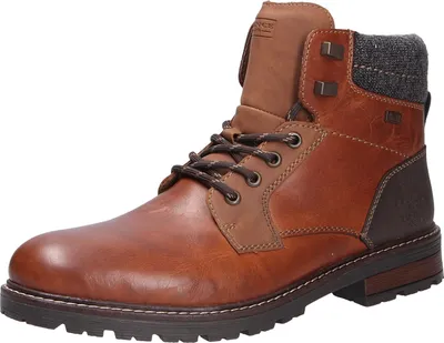 A single brown leather boot with a gray fabric cuff is shown against a white background.