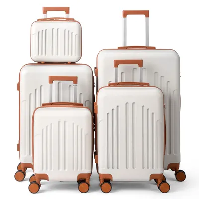 Produktbild von FCH Kofferset, 5tlg. Hartschalen Reisekoffer & Trolley Set S-M-L-XL + Handtasche, 360° Rollen, Beige