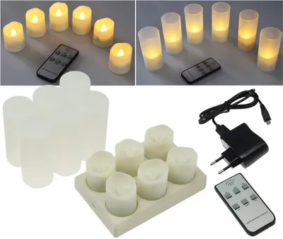 A collage of images showing LED candles, a charging station, and remote controls.