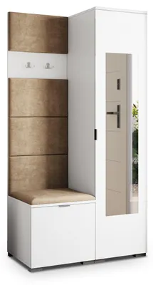Produktbild von Masseno Garderobe-Set VIRA 95/181/51 cm Modern Garderobenschrank Weiß, Veloursstoff MONOLITH 09 (Beige)