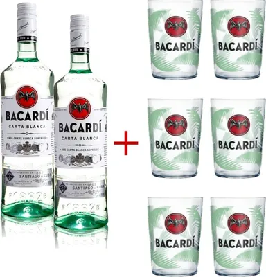 Produktbild von Pack 2 Bacardi 1l + 6 Vasos Bacardi Mojito Rum Puerto Rico 200.00 cl 37.5 %
