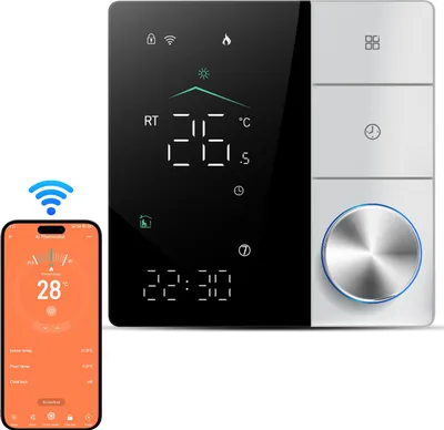 A smart thermostat and a smartphone displaying its app interface are shown against a white background.