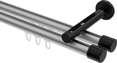 Produktbild von Interdeco Innenlaufstange / Gardinenstange mit Innenlauf Silbergrau / Schwarz, Typ Siteno Santo (Kappe), 20 mm Ø 2-läufig, 100 cm