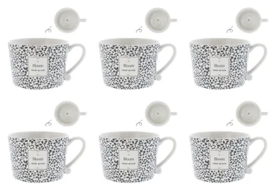 Produktbild von 6er Set Tassen, Becher BLOOM weiß mit schwarzem Blumenmuster Bastion Collections