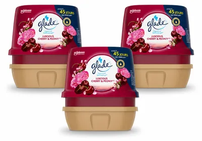 Imagen del producto de 3 unidades de Glade Badgel, aroma "Luscious Kirsche & Pfingstrose" (cereza jugosa y rosa de Pentecostés), 180 g cada uno. Paquete económico