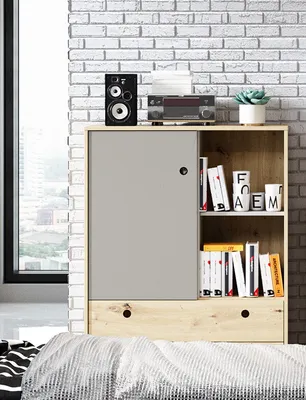 Productafbeelding van Commode, opbergkast, slaapkamer, 90 cm, bernsteinkleurig eikenhout, platingrijs, modern