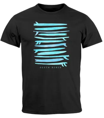 Produktbild von Herren T-Shirt Surfboards South Beach California USA Sommer Surfing Fashion Streetstyle Neverless® schwarz-türkis 5XL