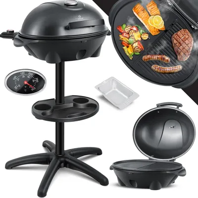 Produktbild von KESSER® elektrischer Elektrogrill 2in1 Tischgrill - Standgrill mit Deckel Standfuß | max. 2400 Watt Thermometer | Antihaftbeschichtung | XXL Grillplatte | integrierte Ablagefläche Elektro-Säulengrill