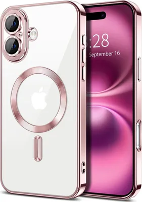 Image de Coque magnétique transparente pour iPhone 16, compatible MagSafe, coque de protection galvanisée avec protection de l'appareil photo Rose