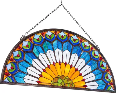 Obrázek produktu pro SucceBuy Půlkruhová vitráž (913 x 465 mm) s řetízkem, dekorativní vintage design pro okna, ideální do kuchyně a obývacího pokoje