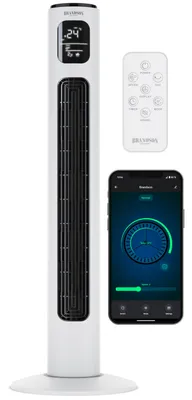A white tower fan with a remote control and a smartphone displaying the fan's app.