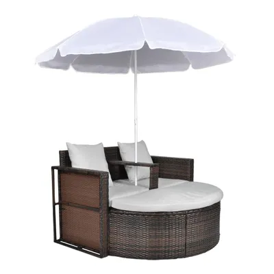 Produktbild von vidaXL Gartenbett mit Sonnenschirm Braun Poly Rattan