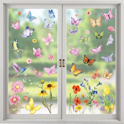 Image de Décorations de fenêtre pour le printemps : 8 feuilles de stickers pour fenêtres, motifs fleurs et papillons, adhésifs, double face, réutilisables, en PVC