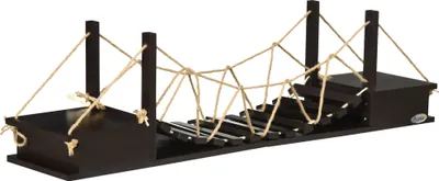 A wooden cat climbing wall with a suspension bridge and shelf, presented against a white background.