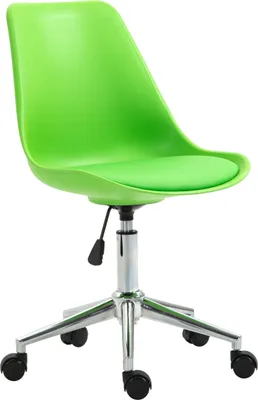 A green office chair with a silver base and wheels, isolated on a white background.