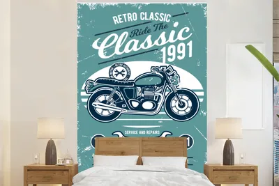 Produktbild von MuchoWow® Fototapete für Wohnzimmer oder Schlafzimmer Wandtapete Vinyl Motivtapete Motorrad - Werkzeuge - Vintage - Zeichnung - 170x260 cm - Wohnzimmertapete