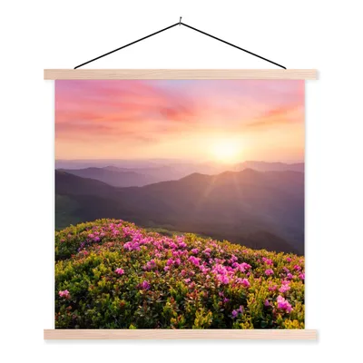 Produktbild von MuchoWow® Textilposter Blumen - Berg - Sonnenuntergang - Landschaft 60x60 cm mit holzfarbenen Rahmen - Wanddekoration
