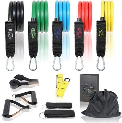Produktbild von Famanu Widerstandsbänder Set mit 5 Widerstandsstufen - Inklusive Fußschlaufen, Handgriffen, Türanker, Expander und Übungsposter