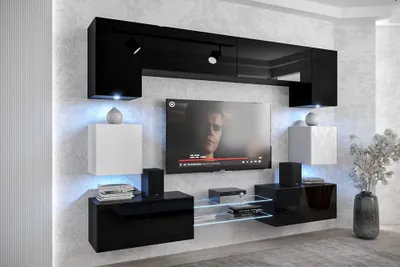 Produktbild von Furnitech Wohnwand Wohnzimmer - Wohnzimmer Möbel mit LED Weiß - Hängend Wohnwand Modern - Regale und TV Schrank (Nowara ANX1-17BW-HG23-1A)
