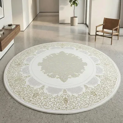 Image de Tapis design à motifs orientaux, blanc, or et gris, dimensions : 160 cm (rond)