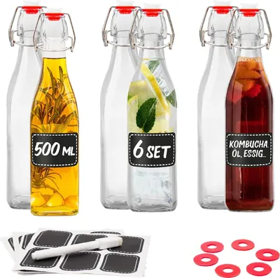 Obrázek produktu pro Praknu sada 6 skleněných lahví 500 ml s výkyvným víčkem - lahve s výkyvným víčkem na plnění - včetně 6 náhradních těsnění a 6 etiket s perem - skleněné lahve na olej, ocet, šťávu a limonádu
