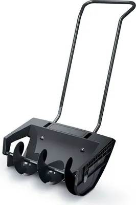 A black snow blower attachment with a handle, shown from a slightly elevated front-left angle against a white background.
