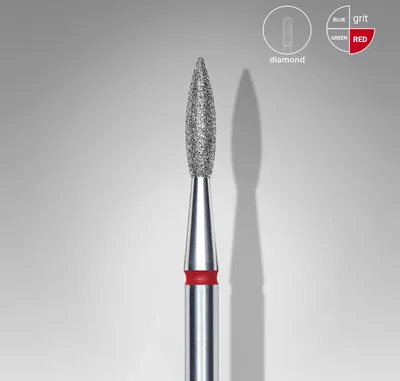 A close-up studio shot of a diamond-coated dental burr with a red band, set against a gradient gray background.