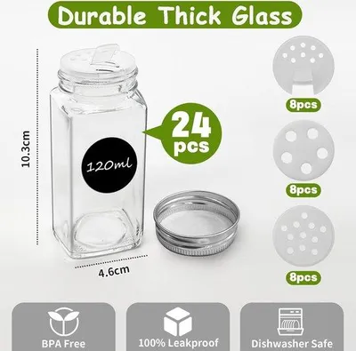 Produktbild von Unyqoos® Gewürzgläser-Set 24x 120 ml – rechteckige Glasdosen mit Schraubverschluss, Streueinsatz, Etiketten, Trichter und Reinigungsbürste