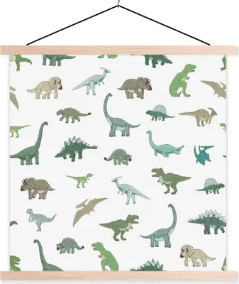 Produktbild von MuchoWow® Textilposter Dinosaurier - Grün - Jungen - Braun - Kind - Muster 120x120 cm mit holzfarbenen Rahmen - Textil-Poster