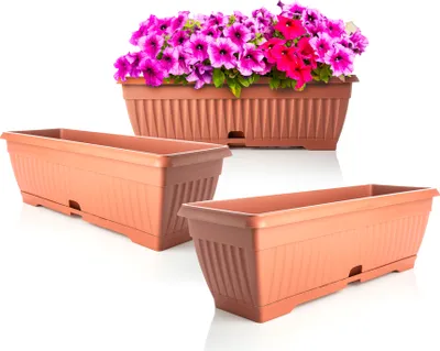 Produktbild von BigDean 3X Blumenkasten mit abnehmbarem Untersetzer Terracotta 50cm lang aus bruchsicherem Kunststoff Balkonkasten Pflanzkasten mit Wasserspeicher für Innen-&Außenbereich geeignet  Europe