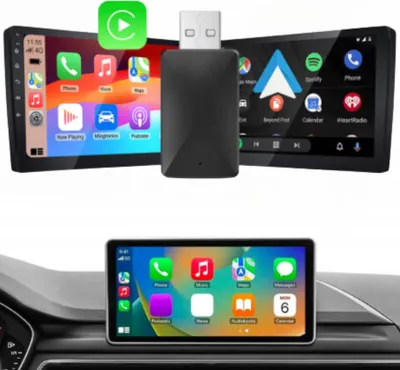 Collage showing a wireless CarPlay USB adapter with two car infotainment screens displaying app interfaces, and a third screen integrated into a car dashboard.