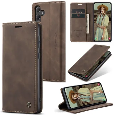 Collage of images showing a brown flip case for a Samsung Galaxy A55 5G phone from different angles, including the inside with card slots and the phone in use as a stand.