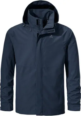 A dark blue jacket with a hood, shown from the front against a white background.