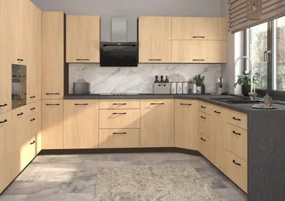 Produktbild von U-Form Küchenzeile CASELLA Einbauküche Holzoptik Farbe & Ausführung wählbar HETTICH InnoTech Atira Vollauszug Casella Eiche Natur hell lava